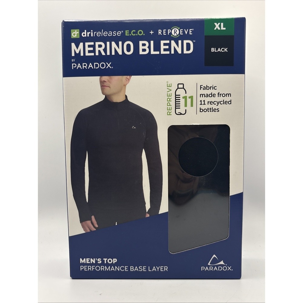 Paradox Men's 1/4 Zip Merino Blend Performance Base Layer Top, Black XL